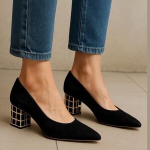 BRIAN ATWOOD Karina pumps black suede shoes
gold tone caged block heels size 7.5